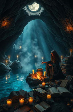 A mystical scene depicting a lake cave where a witch conducts her rituals
