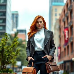 A stylish 35-year-old redhead woman exemplifying modern fashion, wearing a chic outfit that blends contemporary trends with classic elegance