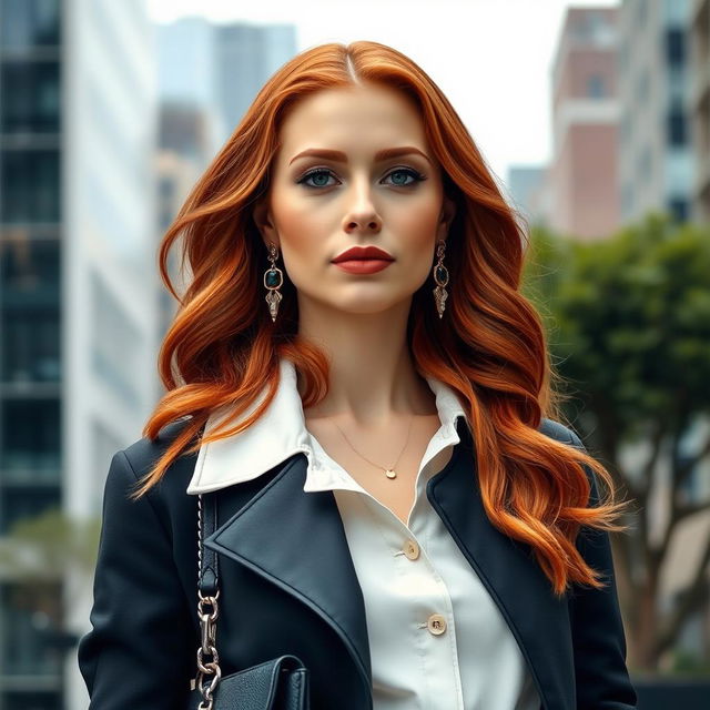 A stylish 35-year-old redhead woman exemplifying modern fashion, wearing a chic outfit that blends contemporary trends with classic elegance