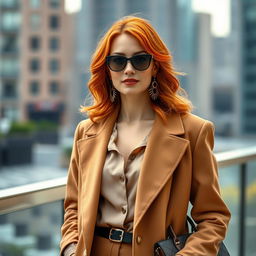 A stylish 35-year-old redhead woman exemplifying modern fashion, wearing a chic outfit that blends contemporary trends with classic elegance