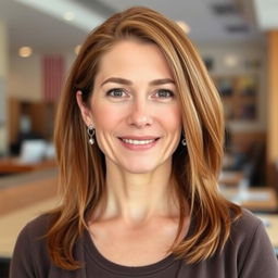 A full-length photograph of a woman aged between 30 to 45 years with a natural appearance, featuring minimal makeup and well-groomed hair