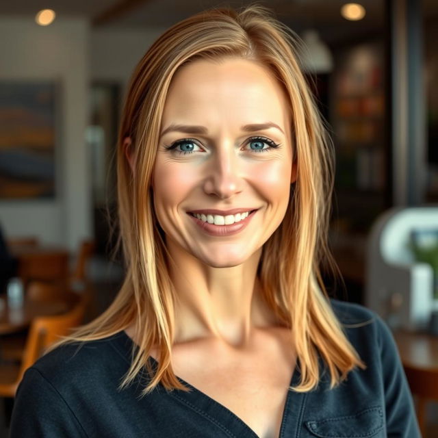 A full-length photograph of a woman aged between 30 to 45 years with a natural appearance, featuring minimal makeup and well-groomed hair