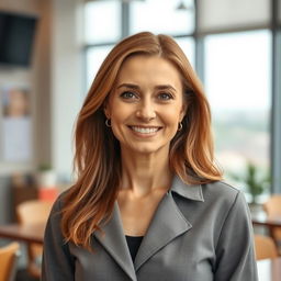 A full-length photograph of a woman aged between 30 to 45 years with a natural appearance, featuring minimal makeup and well-groomed hair