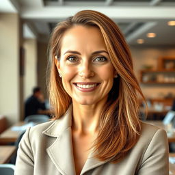 A full-length photograph of a woman aged between 30 to 45 years with a natural appearance, featuring minimal makeup and well-groomed hair