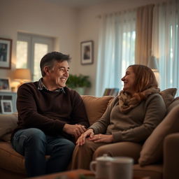 A serene and cozy scene depicting a couple sitting together in their living room, communicating openly and trustingly