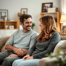A serene and cozy scene depicting a couple sitting together in their living room, communicating openly and trustingly