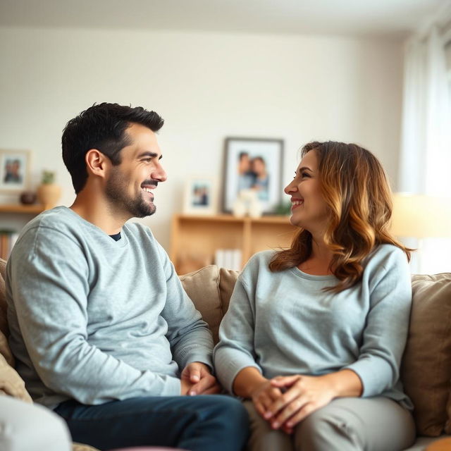 A serene and cozy scene depicting a couple sitting together in their living room, communicating openly and trustingly