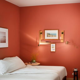 An inviting Airbnb room bearing a bed, side table, walls painted with a relaxing color, good lighting, wall photos and a welcoming color theme