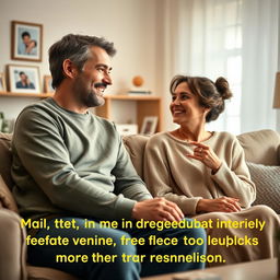 A serene and cozy scene depicting a couple sitting together in their living room, communicating openly and trustingly