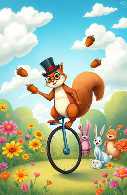 A colorful and whimsical illustration of a squirrel wearing a tiny top hat and monocle, balancing on a unicycle while juggling acorns in a vibrant park filled with oversized flowers and laughing animals