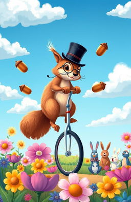 A colorful and whimsical illustration of a squirrel wearing a tiny top hat and monocle, balancing on a unicycle while juggling acorns in a vibrant park filled with oversized flowers and laughing animals