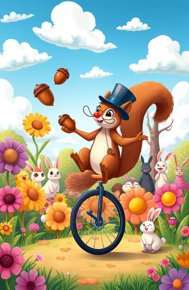 A colorful and whimsical illustration of a squirrel wearing a tiny top hat and monocle, balancing on a unicycle while juggling acorns in a vibrant park filled with oversized flowers and laughing animals