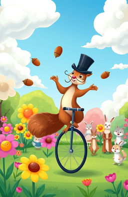 A colorful and whimsical illustration of a squirrel wearing a tiny top hat and monocle, balancing on a unicycle while juggling acorns in a vibrant park filled with oversized flowers and laughing animals