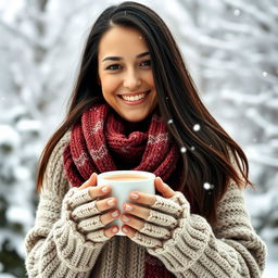 A 35-year-old woman with long dark hair, dressed in a cozy sweater and scarf