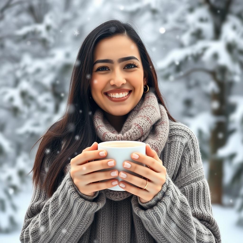 A 35-year-old woman with long dark hair, dressed in a cozy sweater and scarf