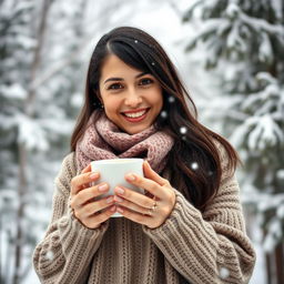 A 35-year-old woman with long dark hair, dressed in a cozy sweater and scarf
