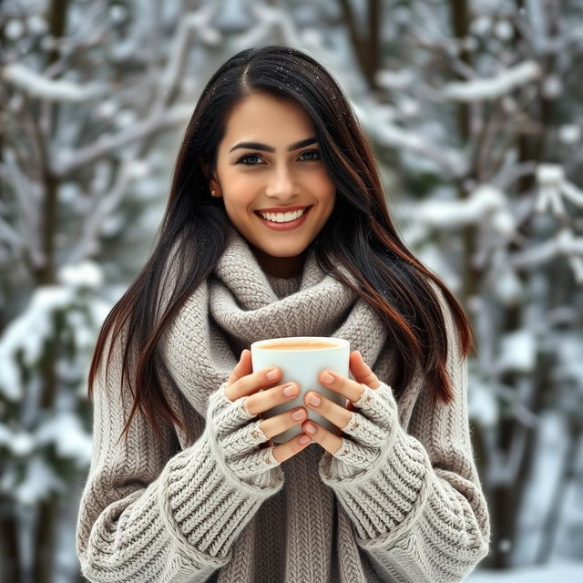 A 35-year-old woman with long dark hair, dressed in a cozy sweater and scarf