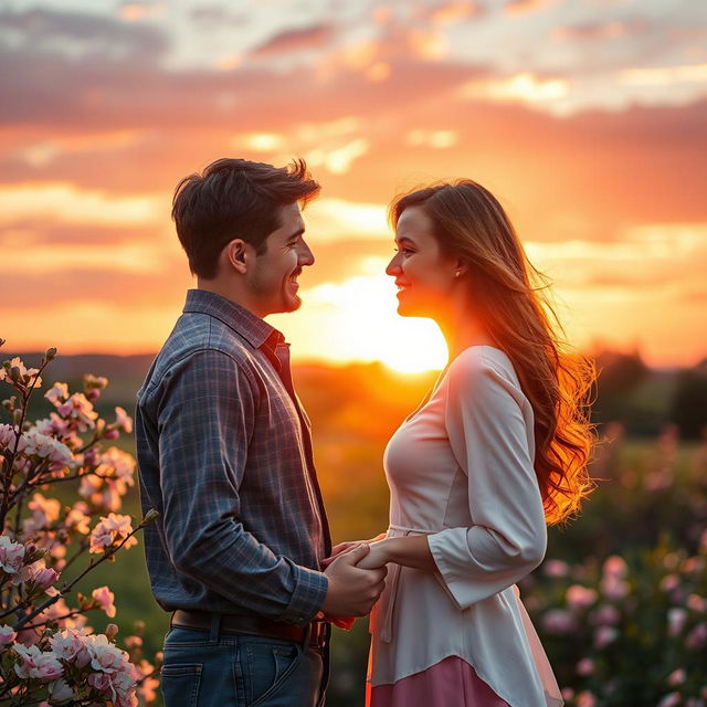 A romantic scene capturing the essence of love between two people in a picturesque outdoor setting