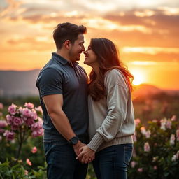 A romantic scene capturing the essence of love between two people in a picturesque outdoor setting