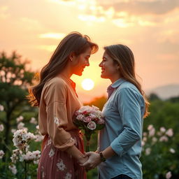 A romantic scene capturing the essence of love between two people in a picturesque outdoor setting