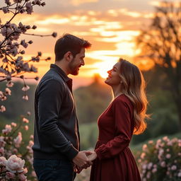 A romantic scene capturing the essence of love between two people in a picturesque outdoor setting