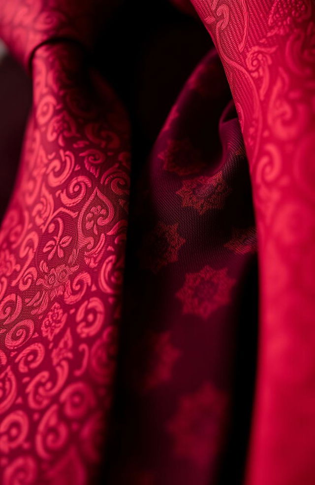 A close-up image featuring luxurious crimson ties with intricate patterns, set against a dark velvet background