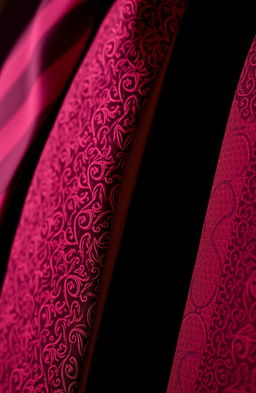 A close-up image featuring luxurious crimson ties with intricate patterns, set against a dark velvet background
