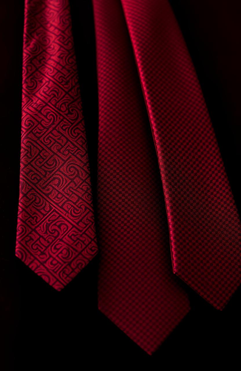 A close-up image featuring luxurious crimson ties with intricate patterns, set against a dark velvet background