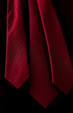 A close-up image featuring luxurious crimson ties with intricate patterns, set against a dark velvet background