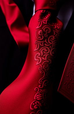 A close-up image featuring luxurious crimson ties with intricate patterns, set against a dark velvet background