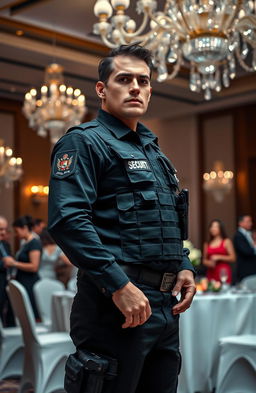 A striking scene depicting a highly trained security professional in a tactical black uniform, confidently standing guard at an upscale event