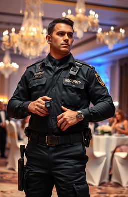 A striking scene depicting a highly trained security professional in a tactical black uniform, confidently standing guard at an upscale event