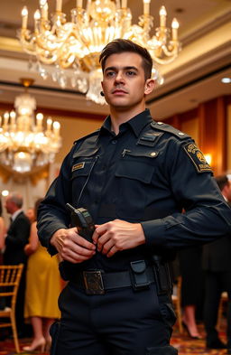 A striking scene depicting a highly trained security professional in a tactical black uniform, confidently standing guard at an upscale event