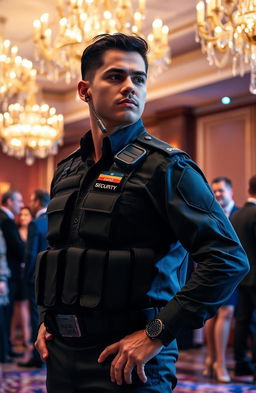 A striking scene depicting a highly trained security professional in a tactical black uniform, confidently standing guard at an upscale event