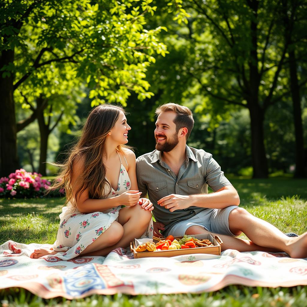 A joyful couple enjoying a sunny day at the park, sitting closely on a picnic blanket adorned with colorful patterns