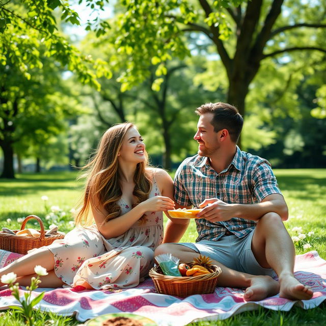 A joyful couple enjoying a sunny day at the park, sitting closely on a picnic blanket adorned with colorful patterns