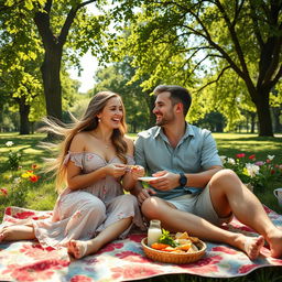 A joyful couple enjoying a sunny day at the park, sitting closely on a picnic blanket adorned with colorful patterns
