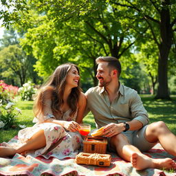 A joyful couple enjoying a sunny day at the park, sitting closely on a picnic blanket adorned with colorful patterns