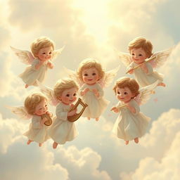 A serene and ethereal scene depicting small cherubic angels with delicate wings, floating gracefully in a soft, cloud-filled sky