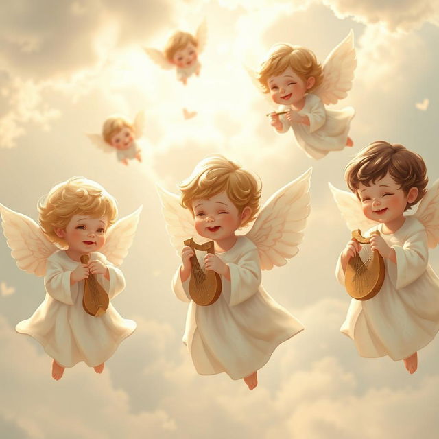 A serene and ethereal scene depicting small cherubic angels with delicate wings, floating gracefully in a soft, cloud-filled sky