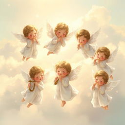 A serene and ethereal scene depicting small cherubic angels with delicate wings, floating gracefully in a soft, cloud-filled sky