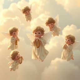 A serene and ethereal scene depicting small cherubic angels with delicate wings, floating gracefully in a soft, cloud-filled sky