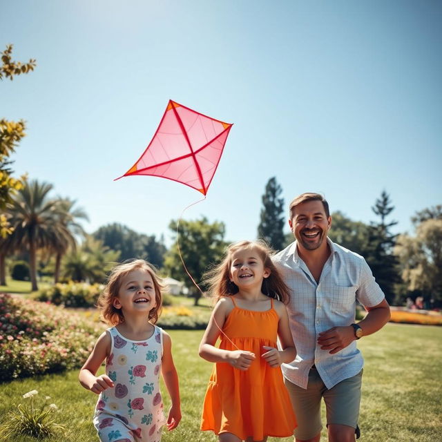 A cheerful family of four enjoying a sunny day at a picturesque park