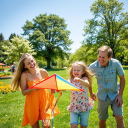 A cheerful family of four enjoying a sunny day at a picturesque park