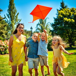 A cheerful family of four enjoying a sunny day at a picturesque park