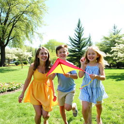 A cheerful family of four enjoying a sunny day at a picturesque park