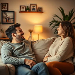 A warm and intimate scene showcasing a happy couple in a cozy living room, where the man is expressing his joy and contentment in the relationship