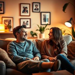 A warm and intimate scene showcasing a happy couple in a cozy living room, where the man is expressing his joy and contentment in the relationship