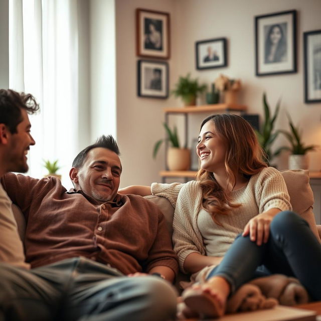 A warm and intimate scene showcasing a happy couple in a cozy living room, where the man is expressing his joy and contentment in the relationship