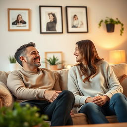 A warm and intimate scene showcasing a happy couple in a cozy living room, where the man is expressing his joy and contentment in the relationship